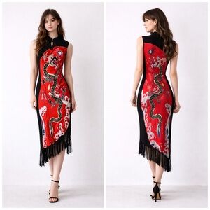 Sue Wong Vintage Red Dragon Cheongsam Dress Asian Inspired Fringe Midi Gown 6
